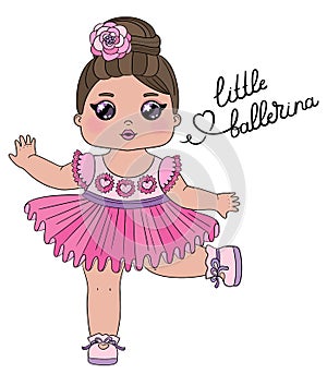 Cute baby girl dancer character with lettering Little ballerina. Little dancing ballerina in a pink dress isolated on