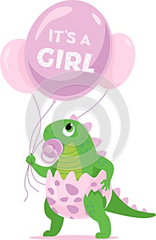 Cute baby girl dinosaur character holding pink balloons for baby shower