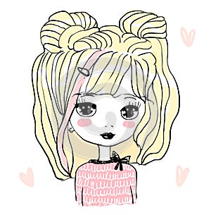 Cute baby girl, doll, princess. Hand drawn