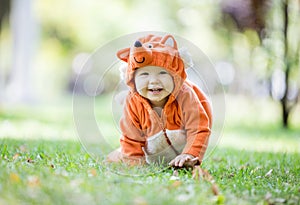 Cute baby girl dressed in fox costume crawling on lawn in park