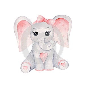 Cute baby girl elephant hand drawn watercolor illustrations set