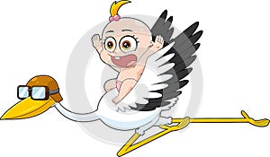 Cute Baby Girl Flying On Top Of A Stork Cartoon Characters