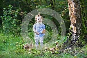 Cute baby girl gathering mushrooms in forest