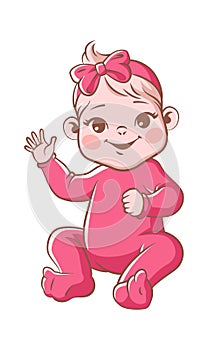 Cute baby girl. Infant blond smiling toddler in pink clothes and ribbon sitting and waving hand. Happy newborn vector