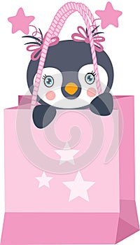 Cute baby girl penguin in pink shopping bag