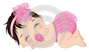 Cute Baby Girl in Pink Ruffled Diaper Sleeping