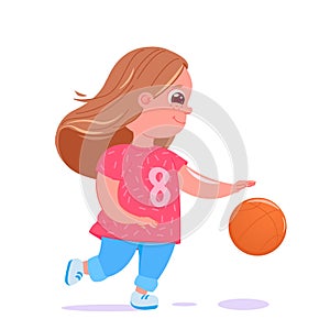 Cute baby girl playing basketball with a ball. Player`s team modern uniform. Healthy activities