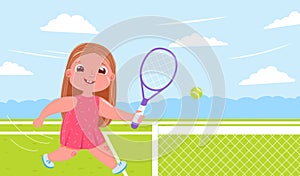 Cute baby girl playing tennis with raquet at court. Doing sports healthy life. Daily routine.