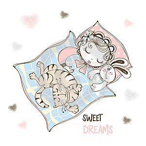 Cute baby girl sleeps in her crib with a toy Bunny and a pet cat. Vector