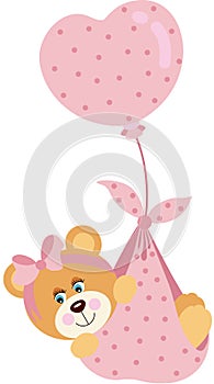 Cute baby girl teddy bear flying with pink heart balloon