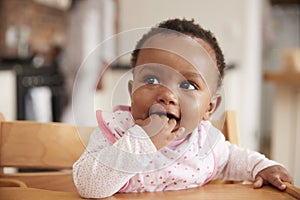 Cute Baby Girl Wearing Bib Sitting In High Chair