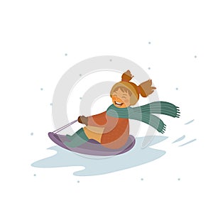 Baby girl winter sledding downhill isolated vector illustration photo