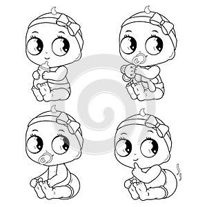 Cute baby girls. Babies drinking milk, playing, sitting and having a dirty diaper. Vector black and white coloring page.