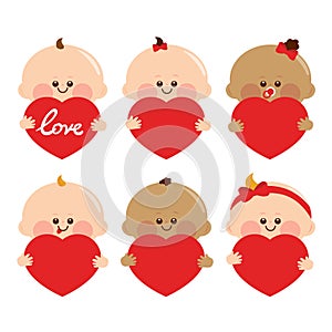 Cute baby girls and boys with red hearts. Cute diverse Valentine day babies with red heart gifts. Vector illustration