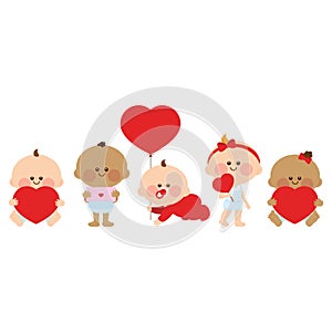 Cute baby girls and boys with red hearts. Cute Valentine day babies with red heart balloons and gifts. Vector illustration