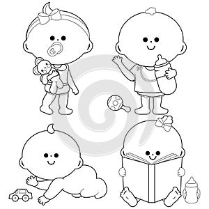 Cute baby girls and boys. Vector black and white coloring page