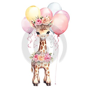 Cute baby Girrafe with Balloons watercolor illustration