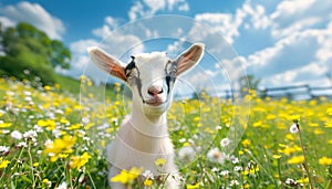 Cute baby goat looking at camera in a sunny meadow