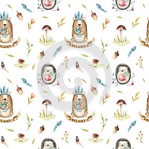 Cute baby hedgehog and bear animal seamless pattern for kinderg