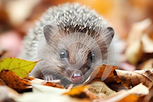 cute baby hedgehog exploring a leaf pile, its tiny paws and nose poking out