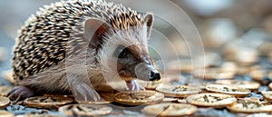 A cute baby hedgehog is sitting on a pile of golden coins photo