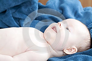 Cute baby hideing in blue blanket photo