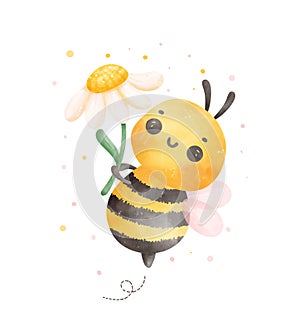 Cute baby honey bee with flower watercolor cartoon character hand painting illustration vector