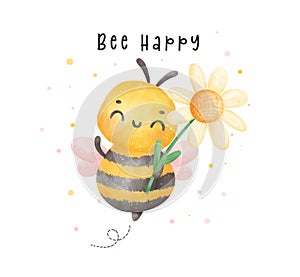 Cute baby honey bee with flower watercolor cartoon character hand painting illustration vector