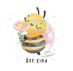 Cute baby honey bee with flower watercolor cartoon character hand painting illustration vector