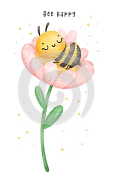 Cute baby honey bee sleeping in flower watercolor cartoon character hand painting illustration vector. Bee Happy