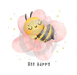 Cute baby honey bee sleeping in flower watercolor cartoon character hand painting illustration vector. Bee Happy