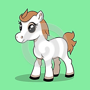 Cute baby horse cartoon on green background. Adorable pony smiling with big eyes. Playful foal, farm animals for kids