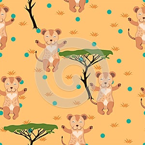 Cute baby hugging lion, cartoon drawn smile animal, on safari africa background, seamless pattern editable vector illustration