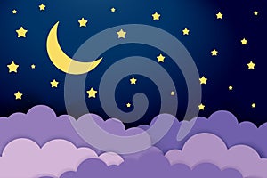 Cute baby illustration of night sky. Half moon, stars and clouds on the dark background. Night scene vector