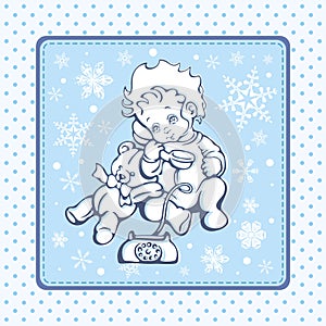 Cute Baby Illustration over Winter Pattern