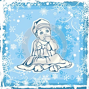 Cute Baby Illustration over Winter Pattern