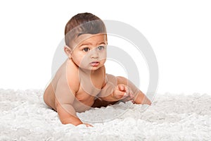 Cute baby infant with big green eyes on white