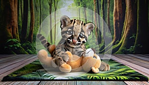 Cute Baby Jaguar Cub Surrounded by Plush Toys in Forest Setting