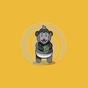 Cute Baby King Kong With Tea Cup. Character, Mascot, Icon, Logo, Cartoon and Cute Design.