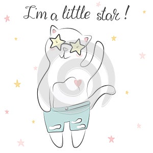 Cute baby kitty star. Little cat rock star in jeans