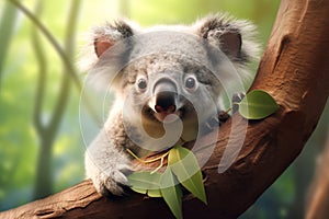 A cute baby koala bear in Australia is climbing a eucalyptus tree