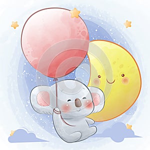 Cute baby koala flying with balloon