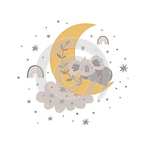 Cute baby koala sleeping on the moon. Boho moon, baby animal, cloud rainbow, stars. Nursery sweet dream card