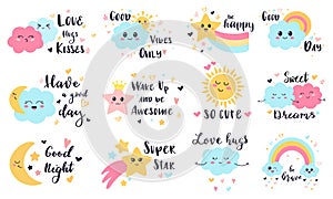 Cute baby labels. Kids sun, cloud and rainbow decorative stickers, cute babies smiling weather characters vector