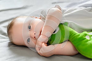 A cute baby lies in the crib with his favorite toy. Childhood protection concept, children's day, sleep toy