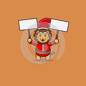 Cute Baby Lion Christmas With Two Blank Banner. Character, Mascot, Icon, Logo, Cartoon and Cute Design.