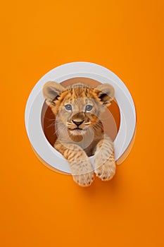 Cute baby lion cub peeking out of a hole. Orange background surface wall texture