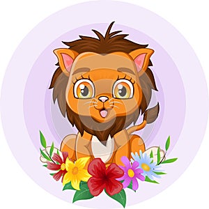 Cute baby lion sitting with flowers background