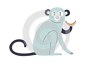 Cute baby monkey with banana. Funny happy jungle animal. Scandinavian kid character eating tropical food, sweet fruit