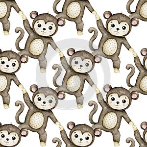 Cute baby monkey. Hand drawn adorable watercolor african animals illustration on white background. Seamless pattern